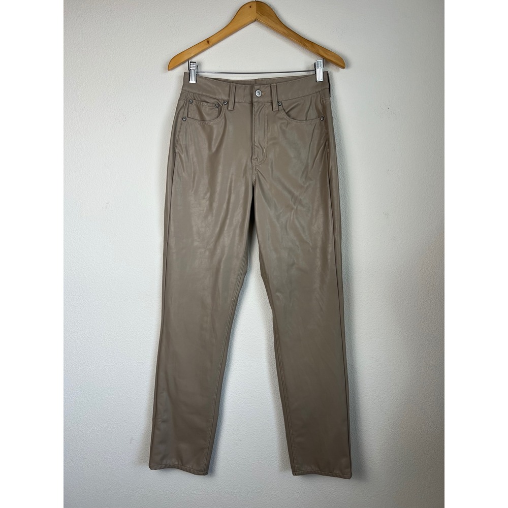 AE Super High Rise Straight Faux Leather Pants 6 Long Taupe Old Money Minimal